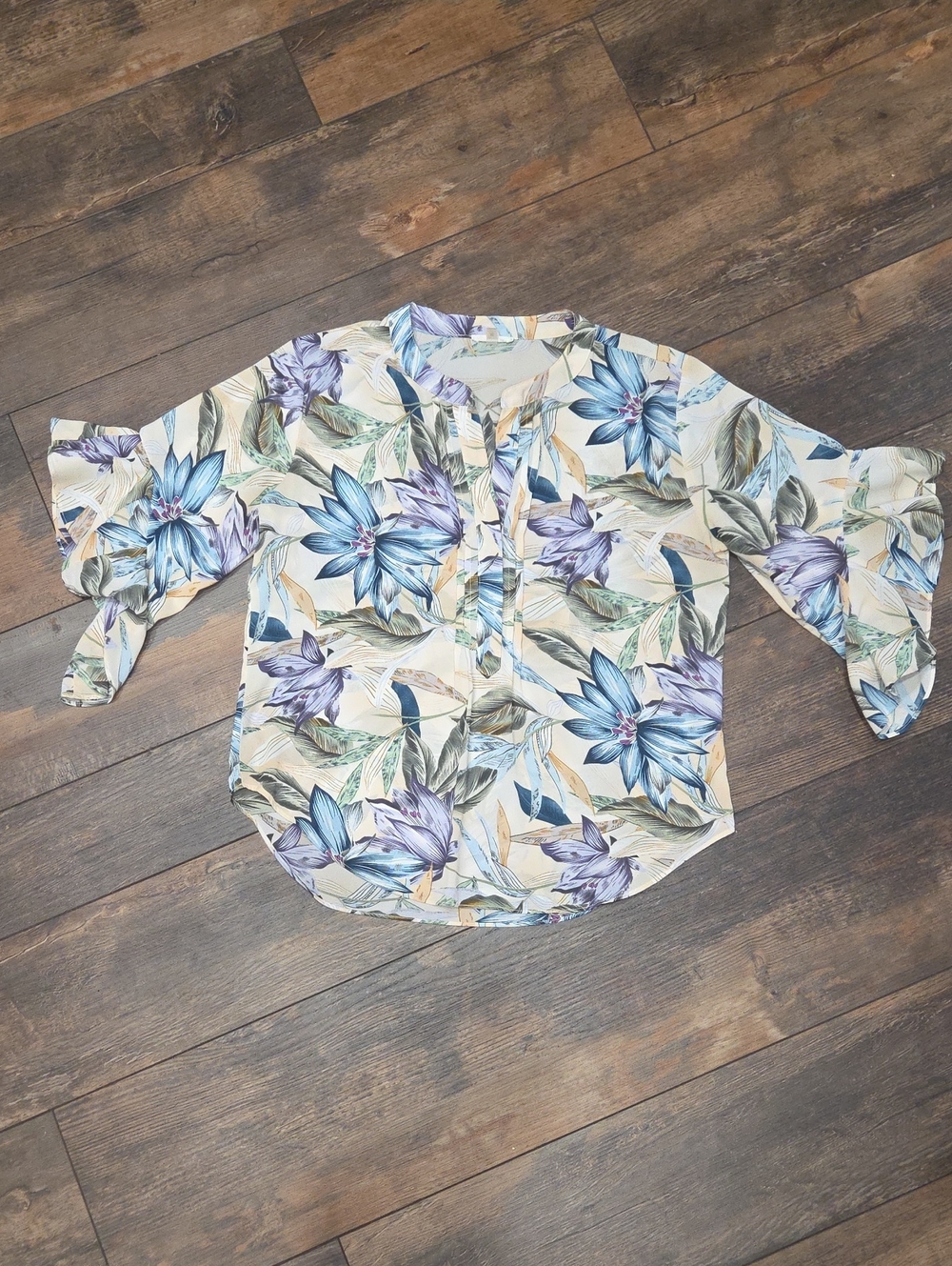 Milano Tropical Floral Popover Blouse with Bell Sleeves